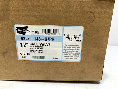 Apollo 82LF-143-04PR 1/2" 3-Piece Full Port Ball Valve Extended Stem