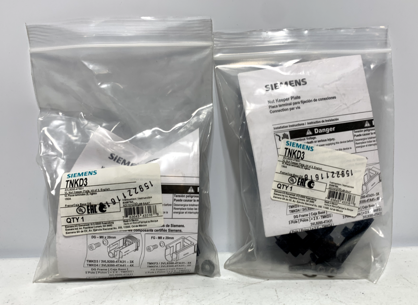 Siemens TNKD3 150A Breaker VL Nut Keeper Kit 3VL9200-4TB31 kit of 3 (lot of 2) - Chase Surplus