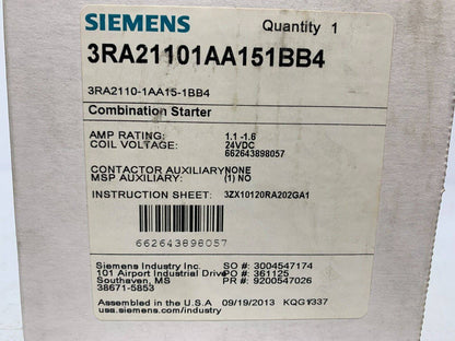 Siemens 3RA21101AA151BB4 SELF PROTECTED COMBINATION STARTER 1.6Amp 24V - Chase Surplus