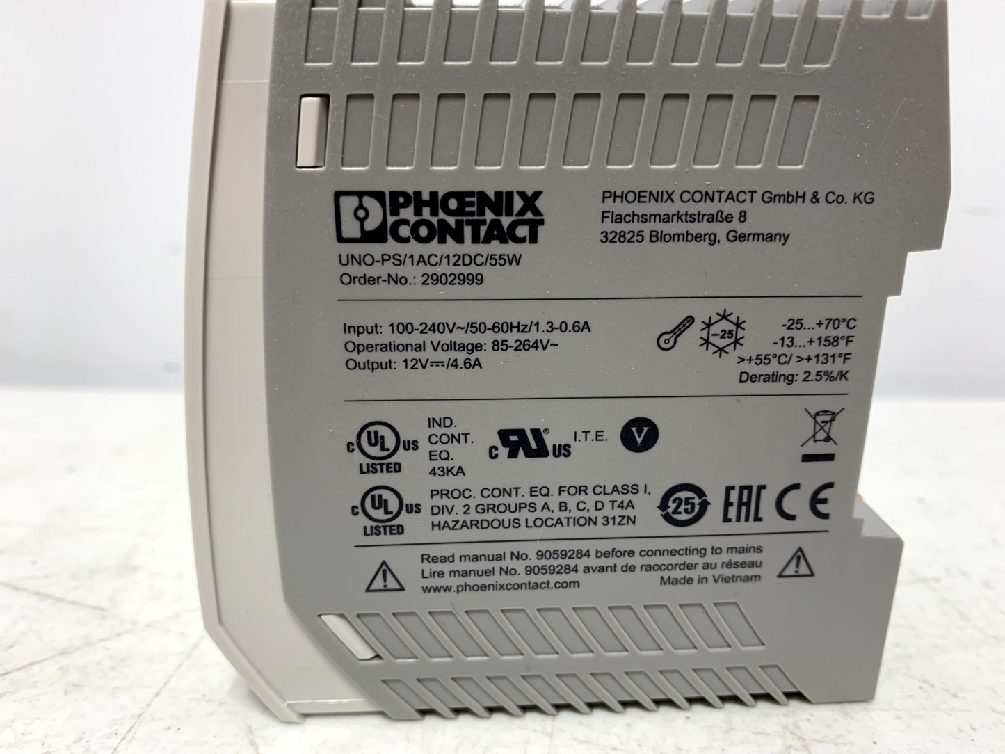 Phoenix Contact 2902999 Power Supply Din Rail Mount UNO-PS/1AC/12DC/55W 240V