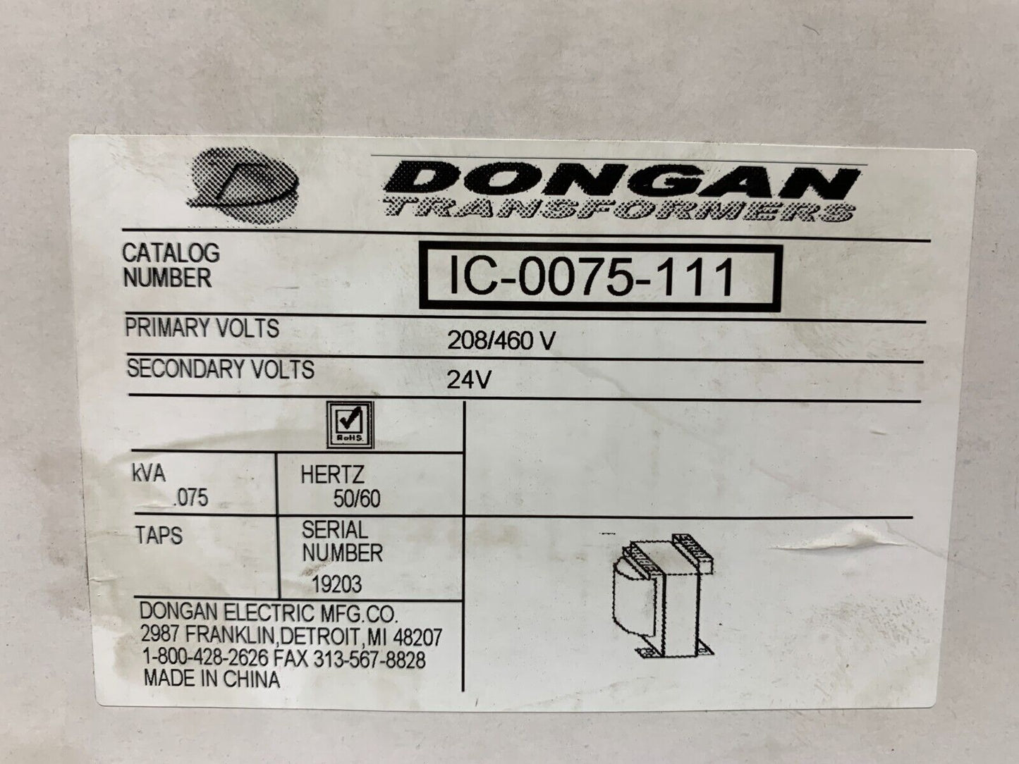 DONGAN IC-0075-111 Transformer 208Vx460V 50/60HZ - Chase Surplus