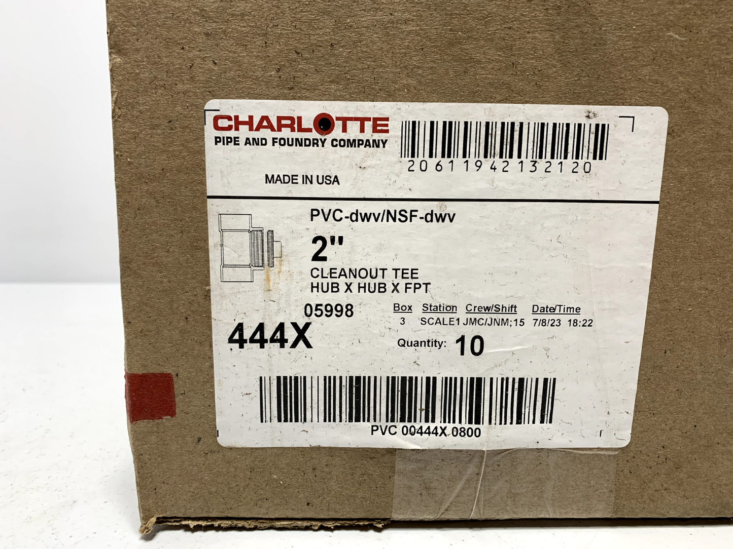 Charlotte Pipe and Foundry Co 444X 2" PVC D Hub PVC Cleanout Tee