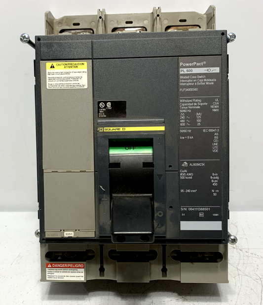 Square D PL600 PowerPact Circuit Breaker 600 Amp 3 Pole 480V PLP34000S60