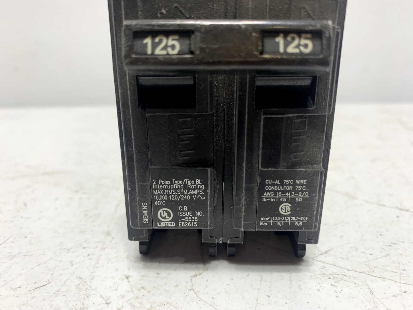 Siemens B2125 Bolt-On Circuit Breaker 2 Pole 125 Amp Type BL