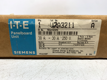 Siemens V7A3211 Double Branch Panelboard Switch 30 Amp 240V 3 Pole 10kA Series A