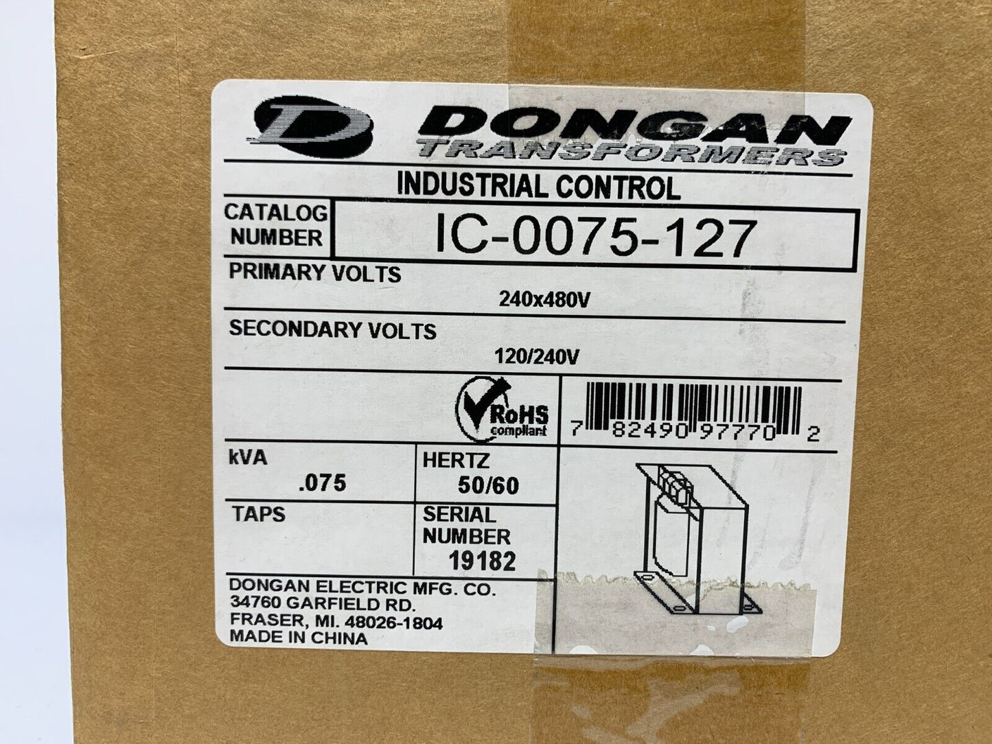 DONGAN IC-0075-127 Transformer 240Vx480V 50/60HZ - Chase Surplus