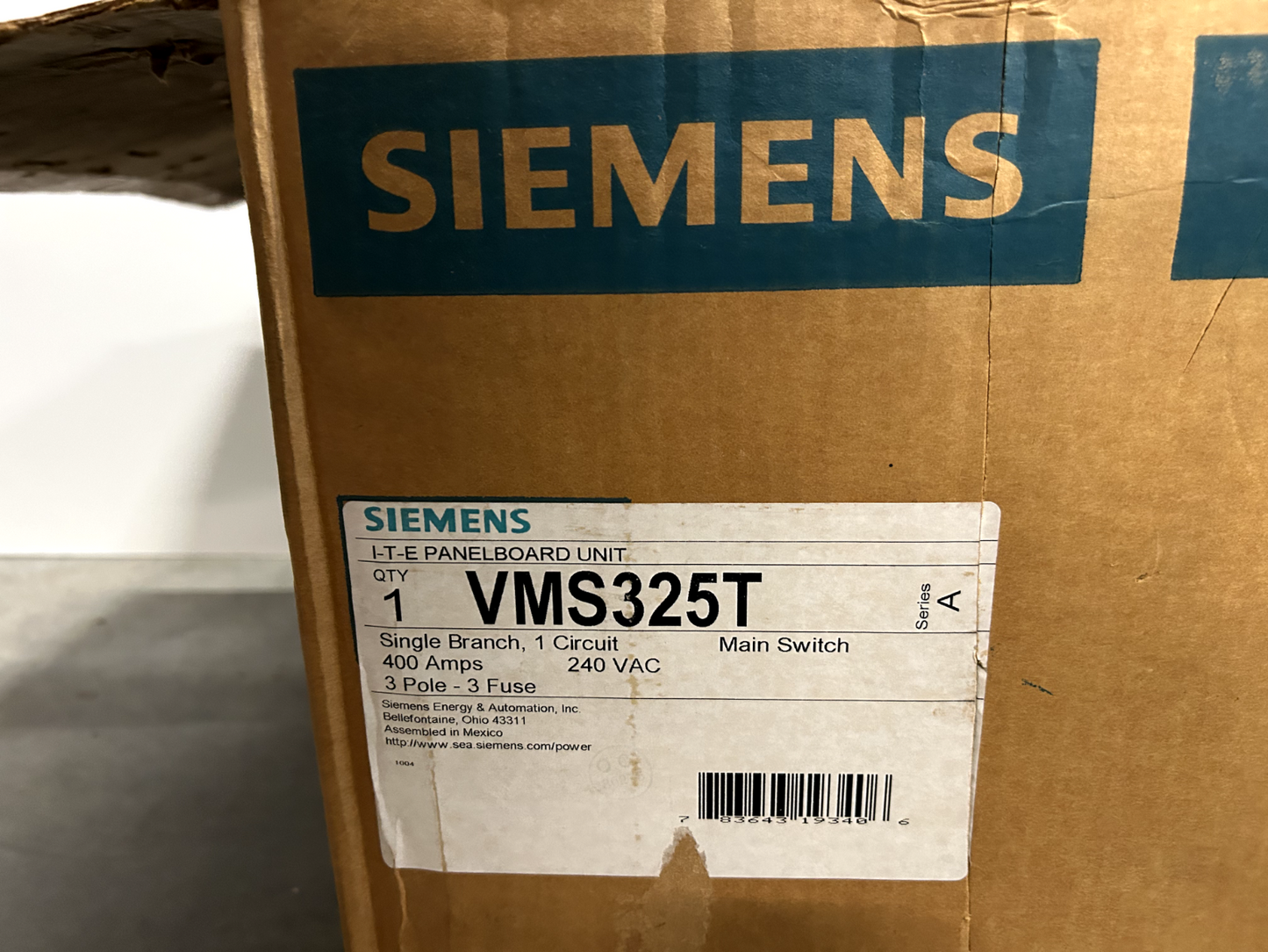 Siemens VMS325T ITE Vacu-Break Panel Main Switch 400 Amp 240V 3P 3Ph 21" x 20"