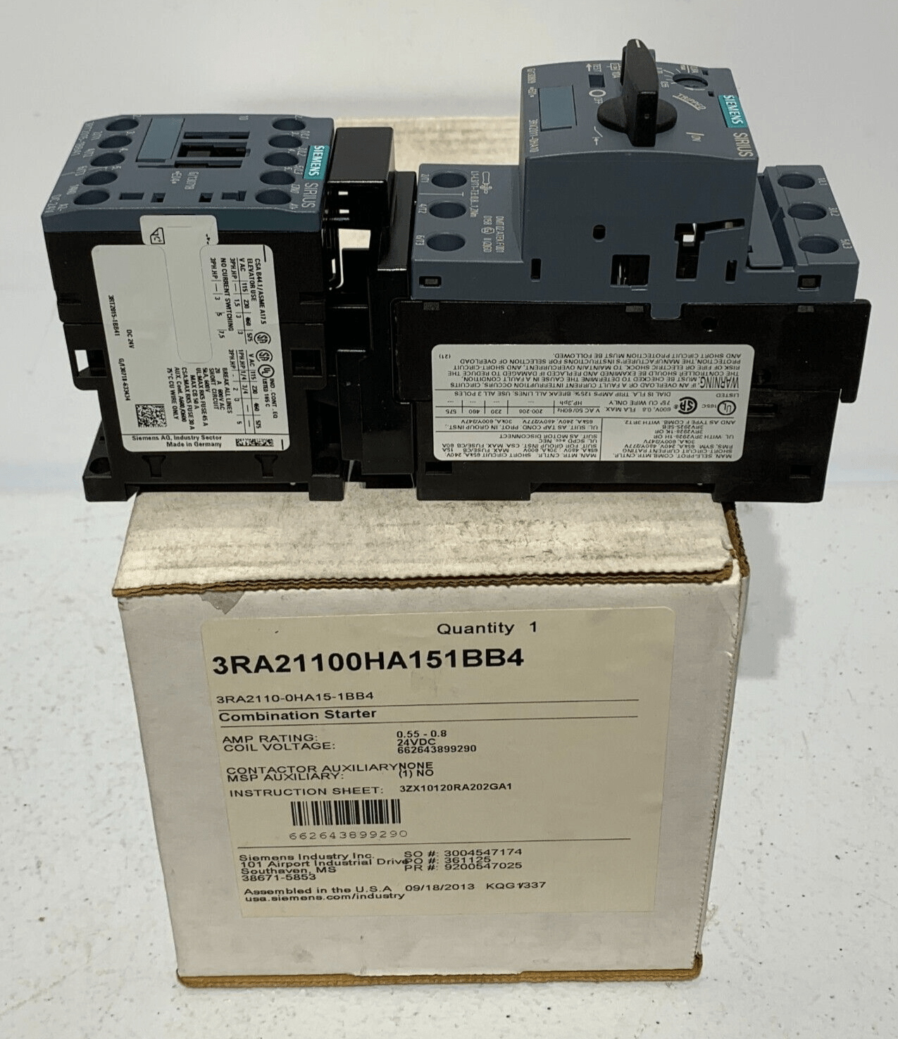 Siemens 3RA21100HA151BB4 Combination Starter 24VDC 0.8 Amp - Chase Surplus