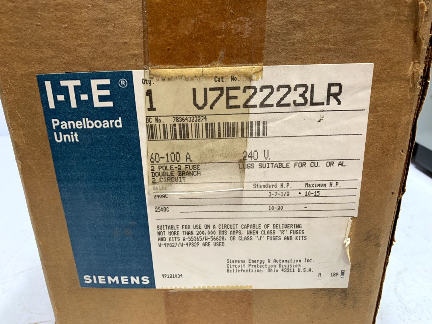 Siemens V7E2223LR Vacu-Break Type VB Fused Panelboard Switch 250V 60/100 Amp 2P