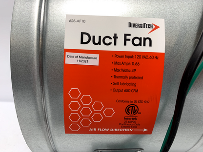 Diversitech 625-AF10 Duct Fan HVAC Exhaust Ventilation 10" diameter 650 CFM 60W