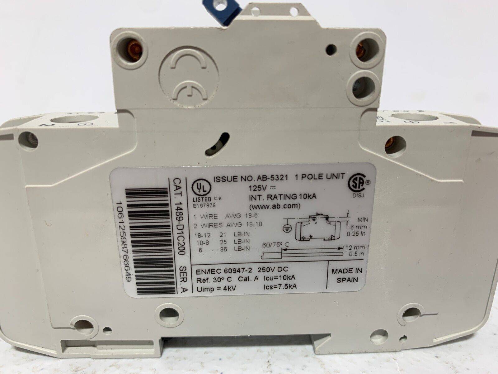 Allen Bradley 1489-D1C200 Industrial Miniature Circuit Breakers 20A (Box of 2) - Chase Surplus