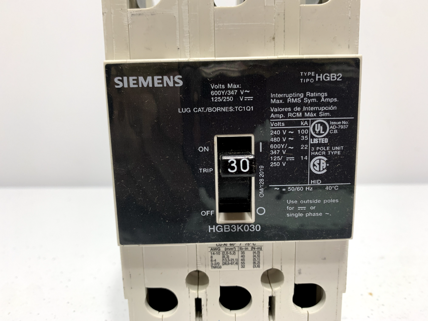 Siemens HGB3K030B Circuit Breaker 3P 30A 480V