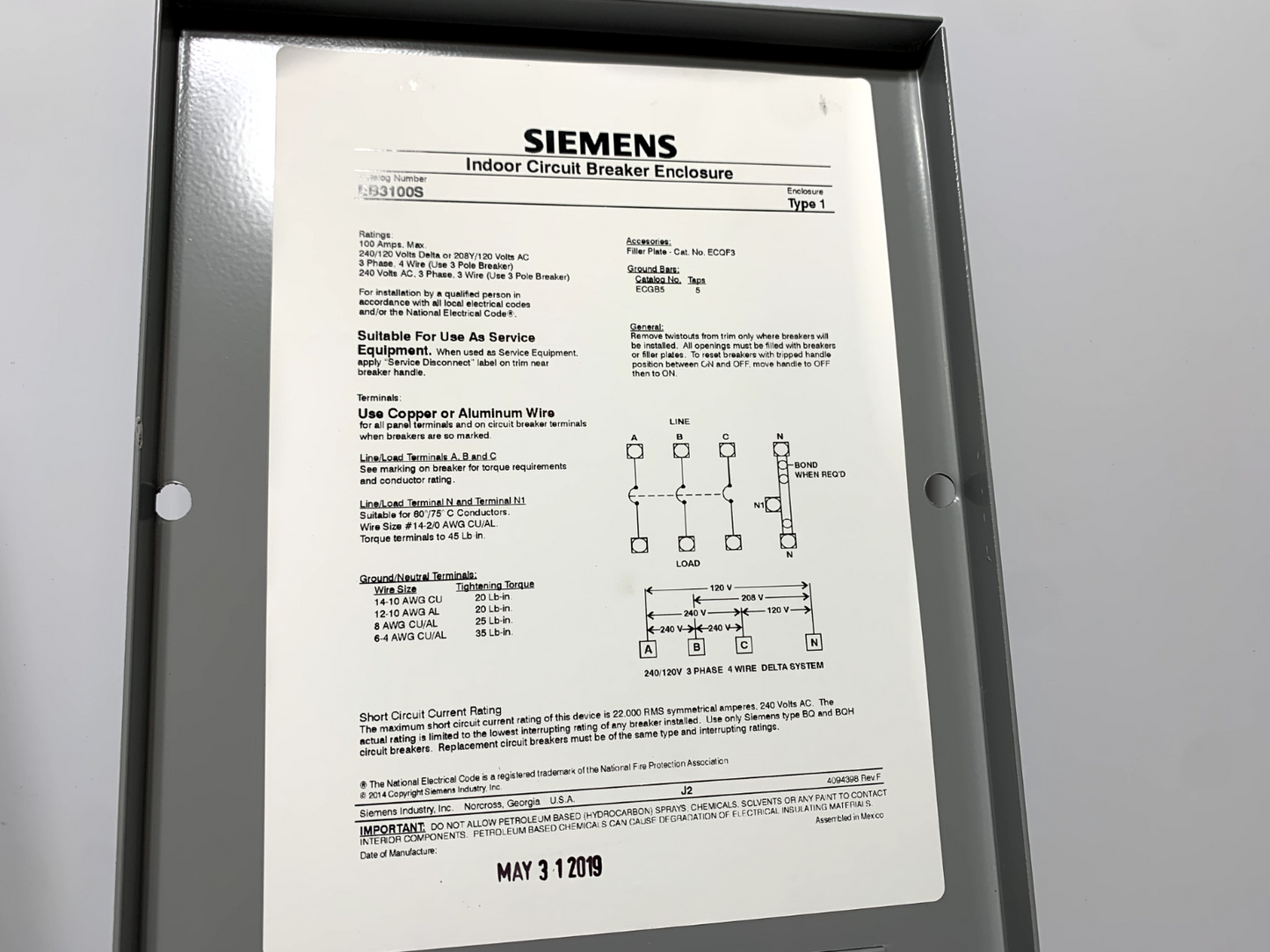 Siemens EB3100S Circuit Breaker Enclosure Type 1 100A 3 Phase 3 Pole 240V