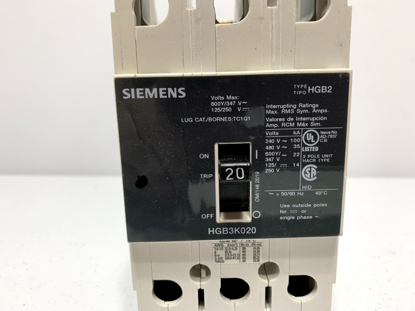 Siemens HGB3K020B Circuit Breaker 3 Pole 20 Amp 480V