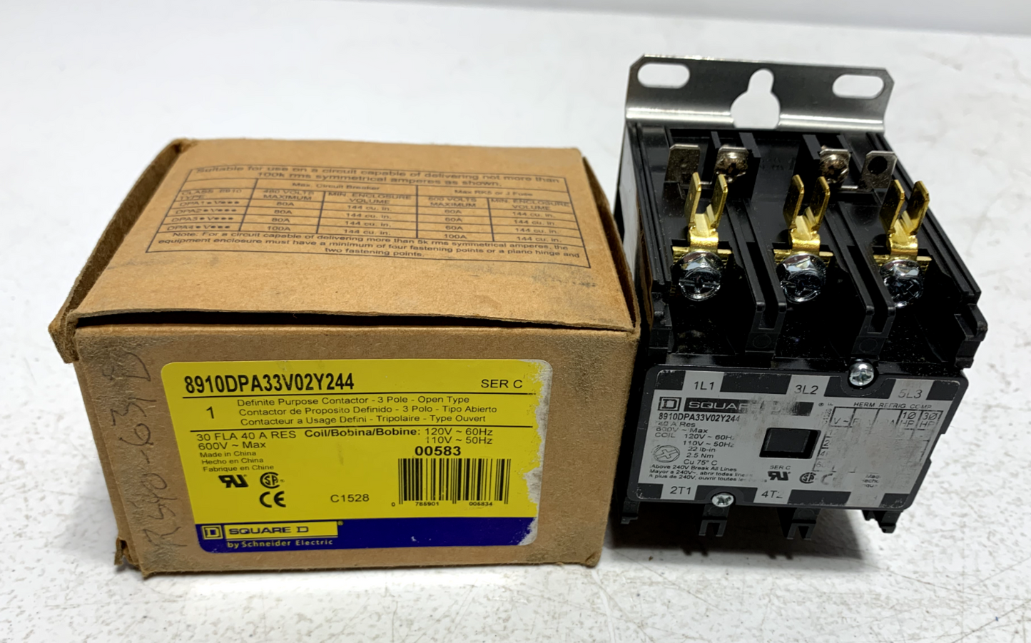 Square D 8910DPA33V02Y244 Definite Purpose Contactor 3 Pole 30 Amp 110/120VAC