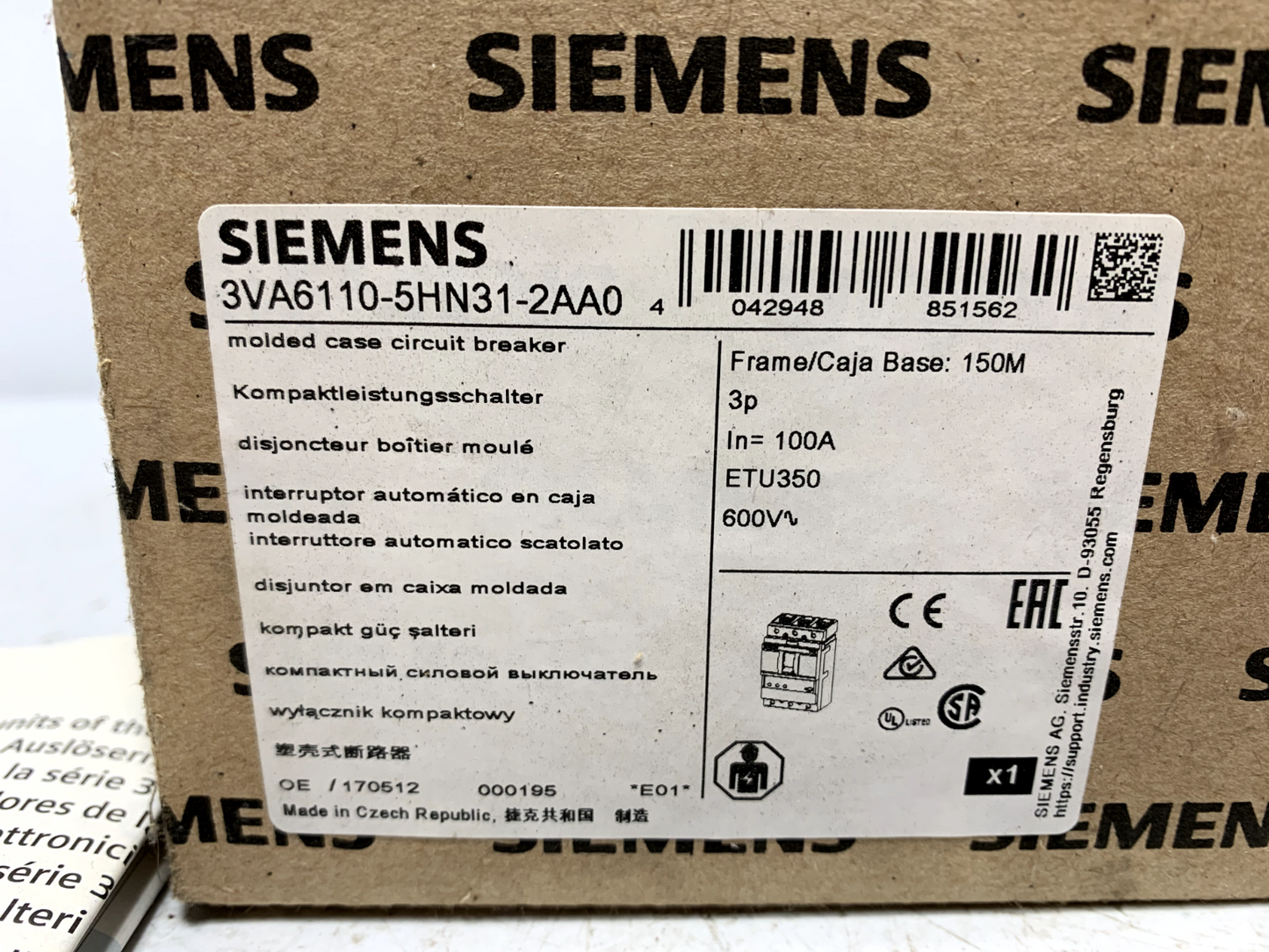 Siemens 3VA6110-5HN31-2AA0 Circuit Breaker 35kA 480V 3-pole 100 Amp